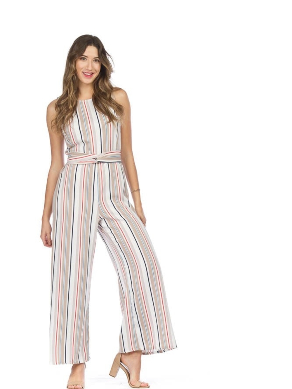 Sleeveless Striped Wide-Leg Jumpsuit in Cream with Multi-Color Stripes